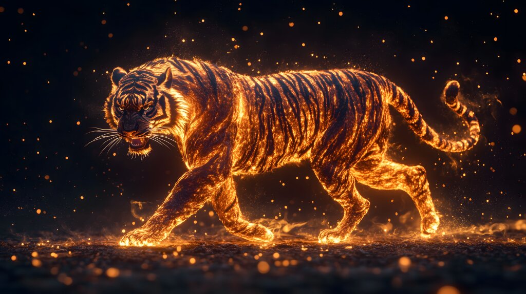 Tiger aus Flammen kraftvoll in der Dunkelheit