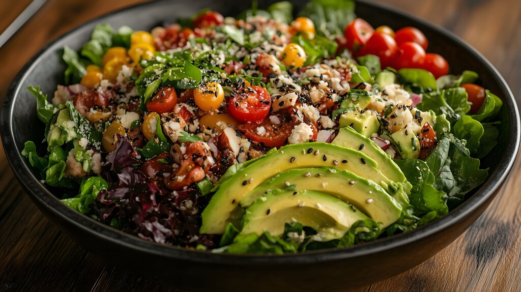 Frischer Gourmet-Salat mit Avocado, Kirschtomaten und Sesam