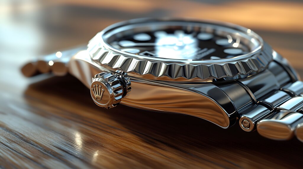 Nahaufnahme einer Rolex-Armbanduhr auf einem Holztisch