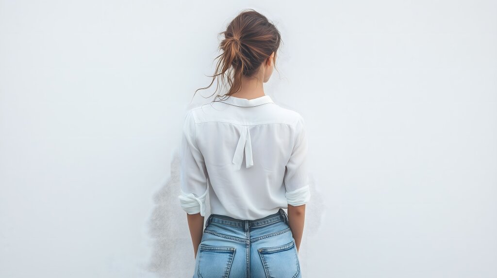 Minimalistischer Rückansicht einer Frau in lässiger Jeans und Bluse
