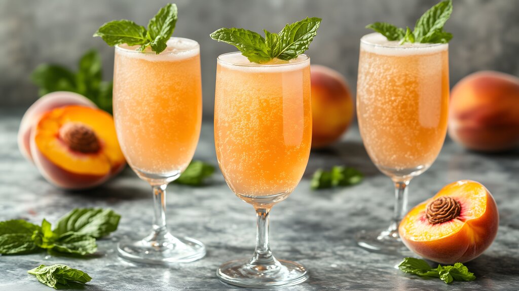 Eleganter Pfirsichcocktail in Champagnerflöte mit Minze