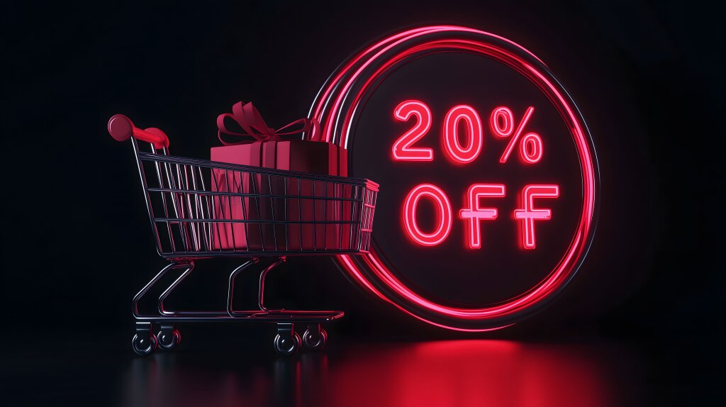 Einkaufswagen mit 20% Rabatt Neon-Schild und weihnachtlichen Geschenken für Sparaktion