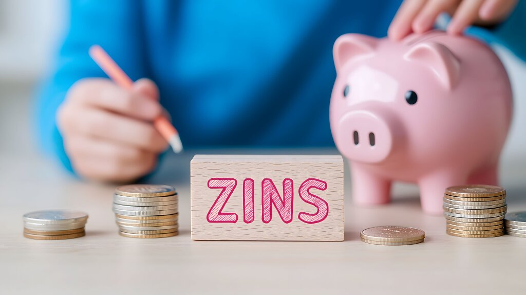 Sparschwein mit Münzen und Schild Zins