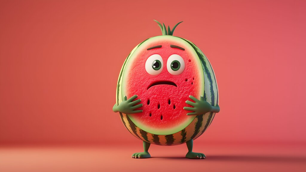 Niedlicher 3D-Wassermelonen-Charakter auf rotem Hintergrund