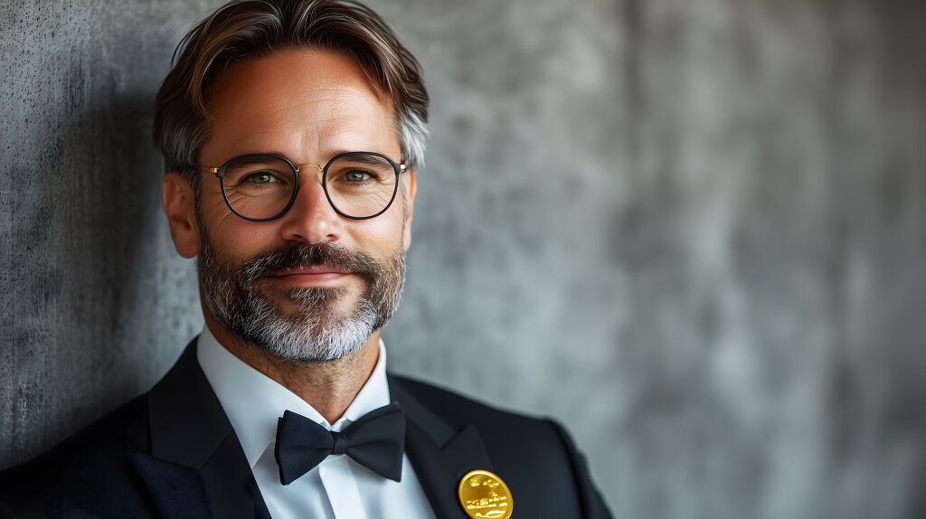 Selbstbewusster Geschäftsmann im Anzug mit Goldmedaille
