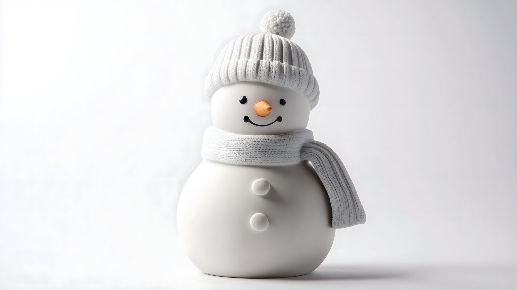 Moderner Schneemann aus Keramik mit Mütze und Schal auf weißem Hintergrund