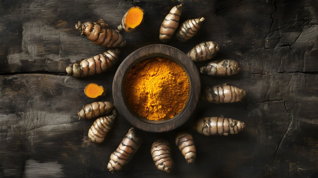 Kurkuma-Pulver in Holzschale mit Wurzeln – Natürliches Superfood und Gewürzdesign