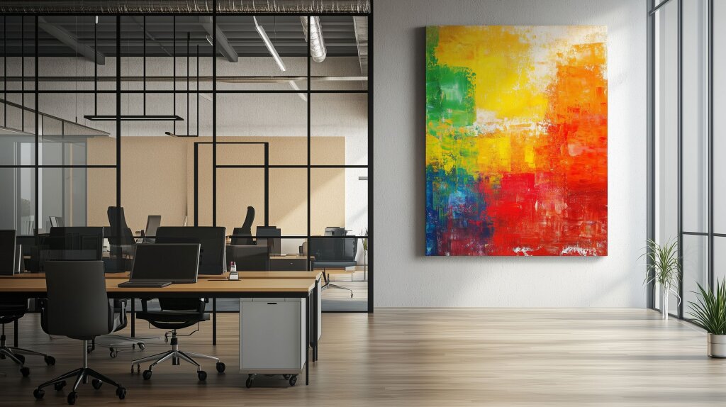 Büro mit abstrakter bunter Kunst an der Wand