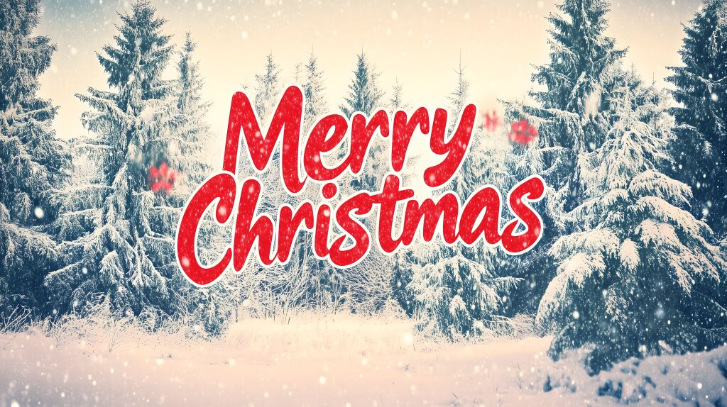 Winterlandschaft mit „Merry Christmas“-Schriftzug