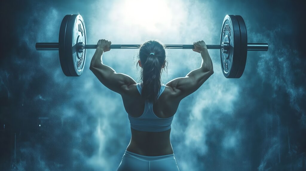 Langhanteltraining: Rückansicht einer Body Builderin im Nebel