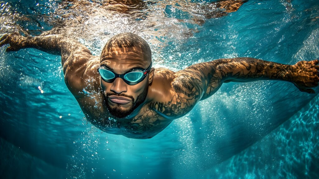 Schwimmer mit Tattoos gleitet durch klares Wasser