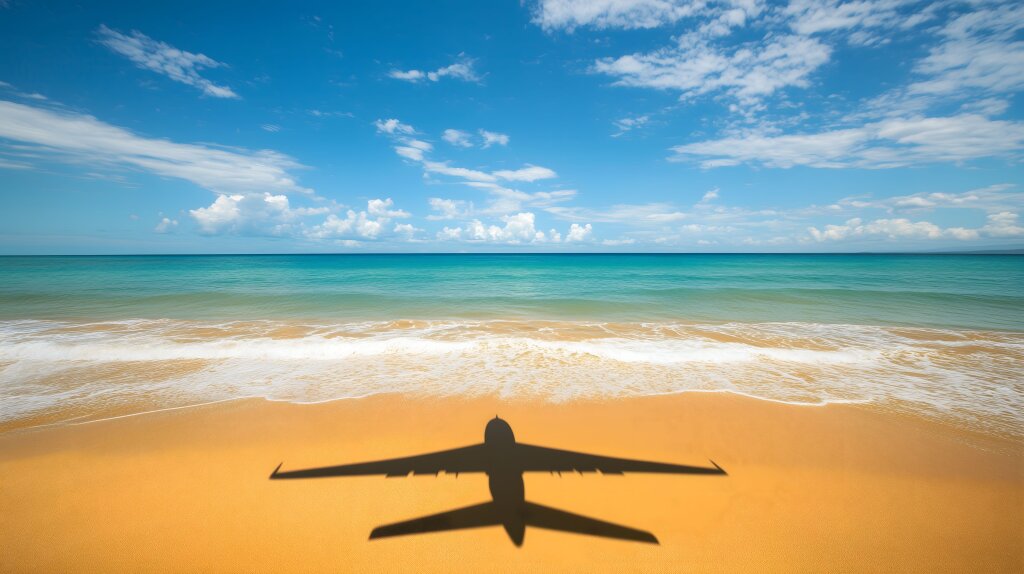 Traumhafte tropische Kulisse mit einem Schatten eines Flugzeugs am Sandstrand