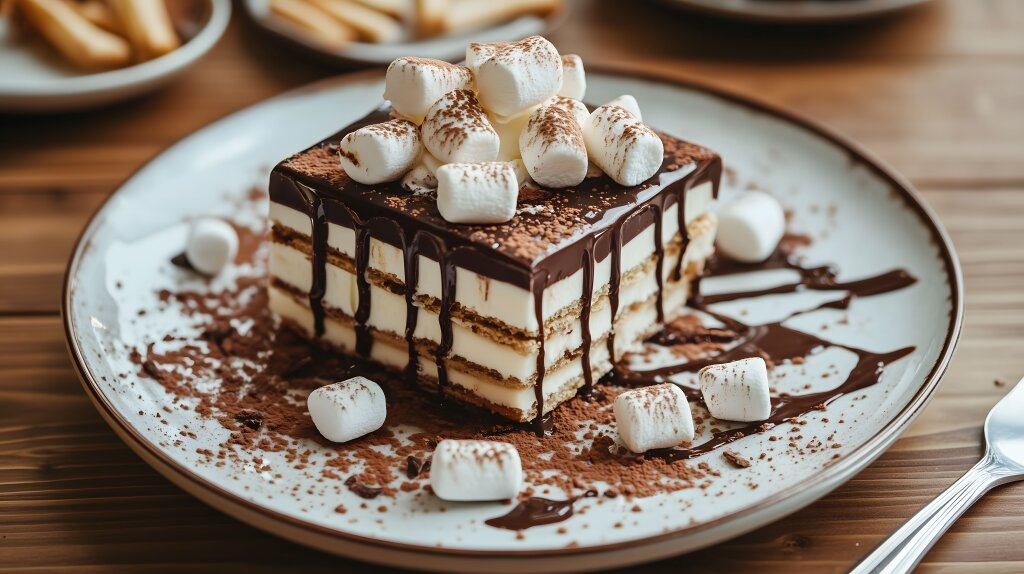 Schokoladen-Dessert mit Marshmallows und Sahne