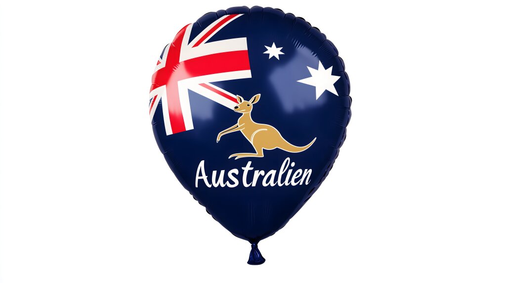 Blauer Heißluftballon mit Australien-Schriftzug und Känguru-Motiv