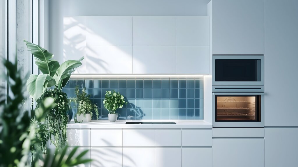 Moderne weiße Küche mit Pflanzen und blauem Fliesenspiegel