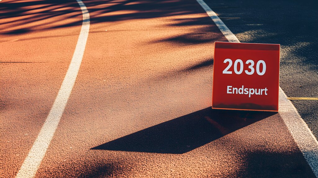 Jahr 2030 "Endspurt" auf der Laufbahn mit Schatten und Lichtspiel