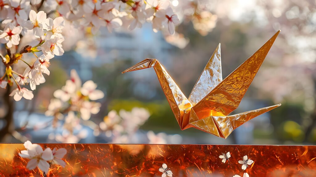Goldener Origami-Kranich vor blühenden Kirschblüten im Frühling