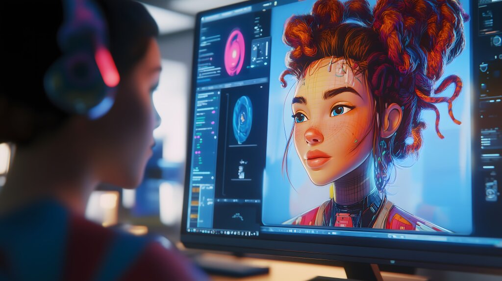 Spieleentwickler gestaltet 3D-Charakter auf Bildschirm