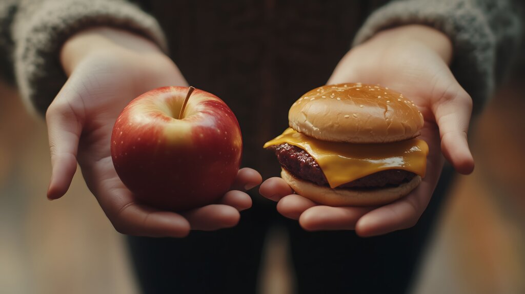 Entscheidung zwischen Apfel und Cheeseburger