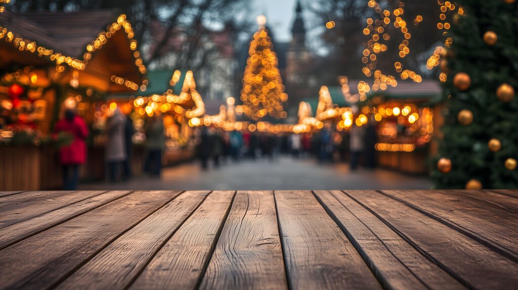 Holztisch mit unscharfem Weihnachtsmarkt im Hintergrund