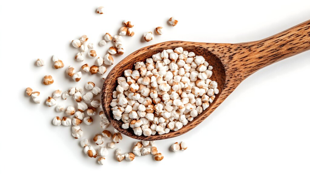Detailaufnahme von Buchweizenkörnern in einem Holzlöffel auf weißem Hintergrund