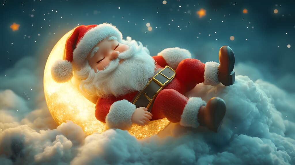 Weihnachtsmann schläft auf einer leuchtenden Mondsichel