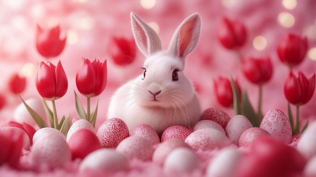 Hase zwischen roten Tulpen und Ostereiern