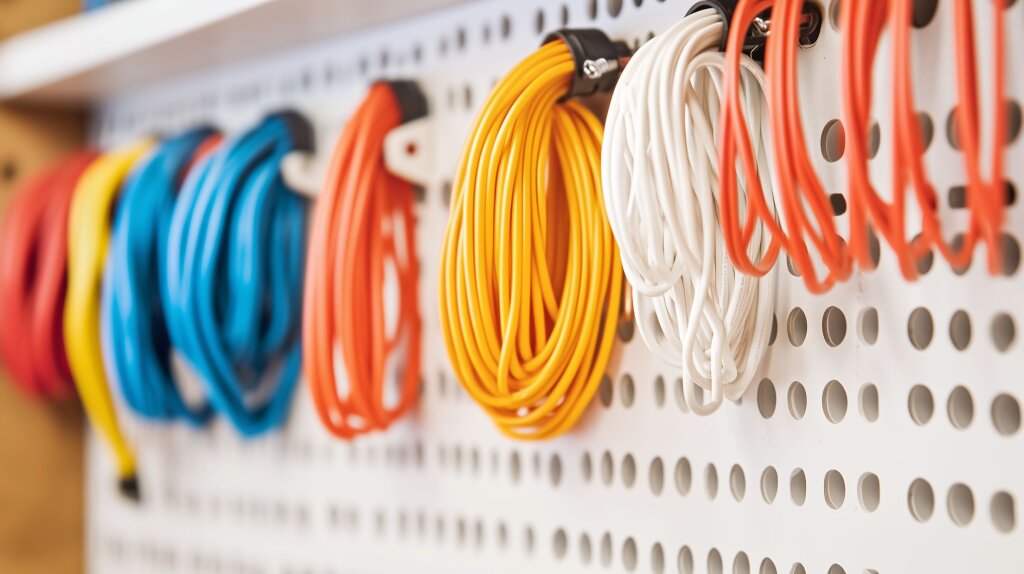 Bunte Kabel sauber an Lochwand organisiert