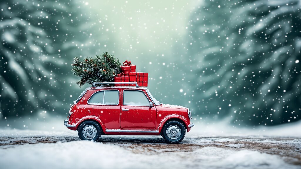 Rotes Retro-Auto mit Weihnachtsbaum und Geschenken