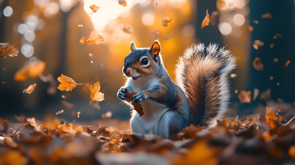 Verspieltes Eichhörnchen im Herbstlaub