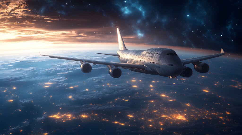 Flugzeug im Weltall über der Erde