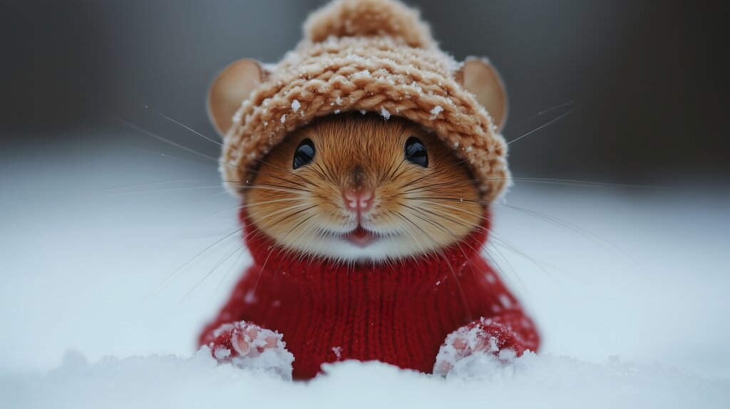 Niedliche Maus im Schnee mit Winterkleidung