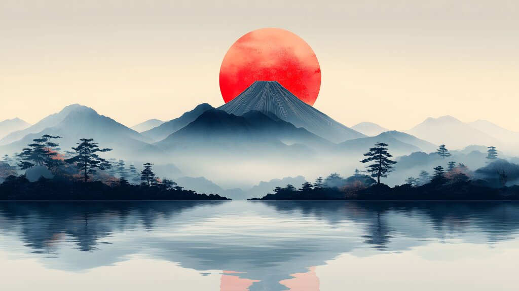 Mystische japanische Landschaft mit dem Berg Fuji und roter Sonne