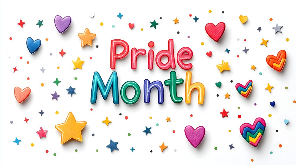 Pride Month bunte Herzen und Sterne auf weißem Hintergrund