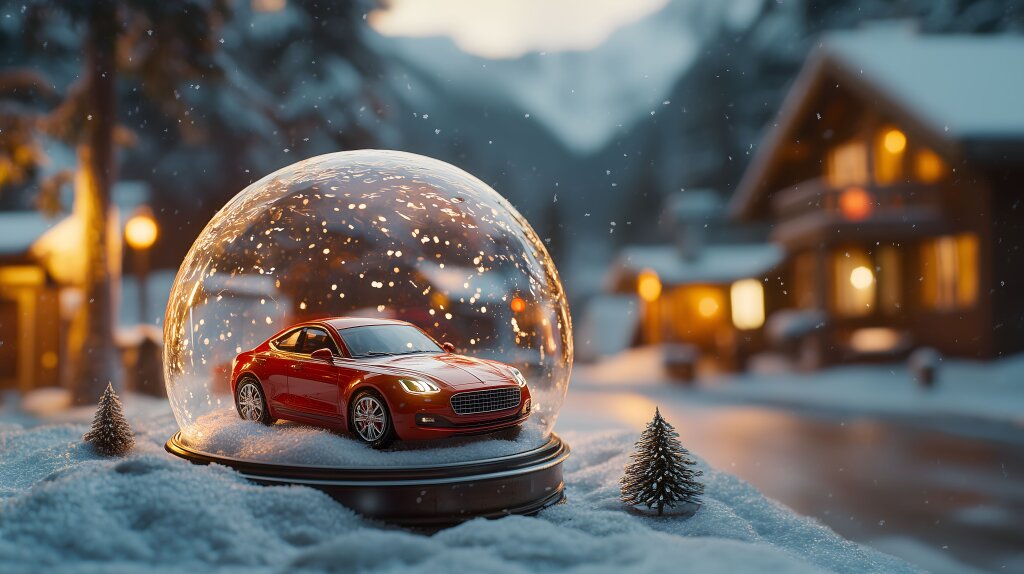 Winterliches Miniaturauto in einer Schneekugel Szene