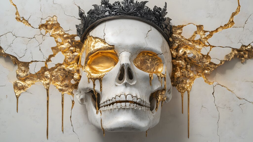 Goldverzierter Schädel als dramatisches Kunstwerk