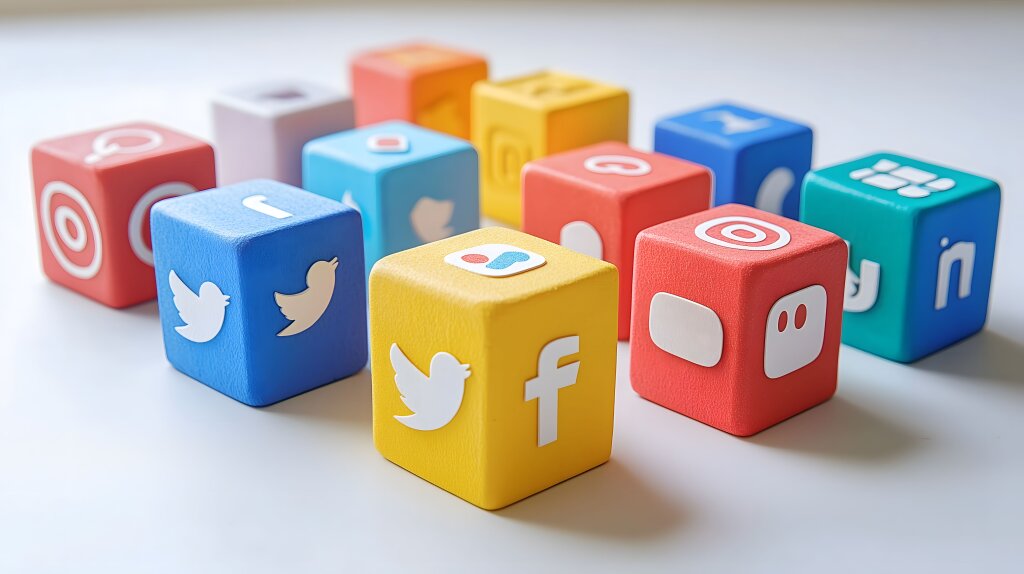 Social-Media-Symbole als bunte Würfe