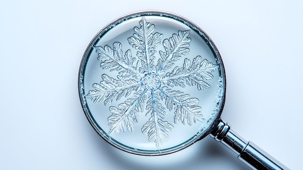 Nahaufnahme einer Schneeflocke unter Lupe für Wissenschaft und Winter