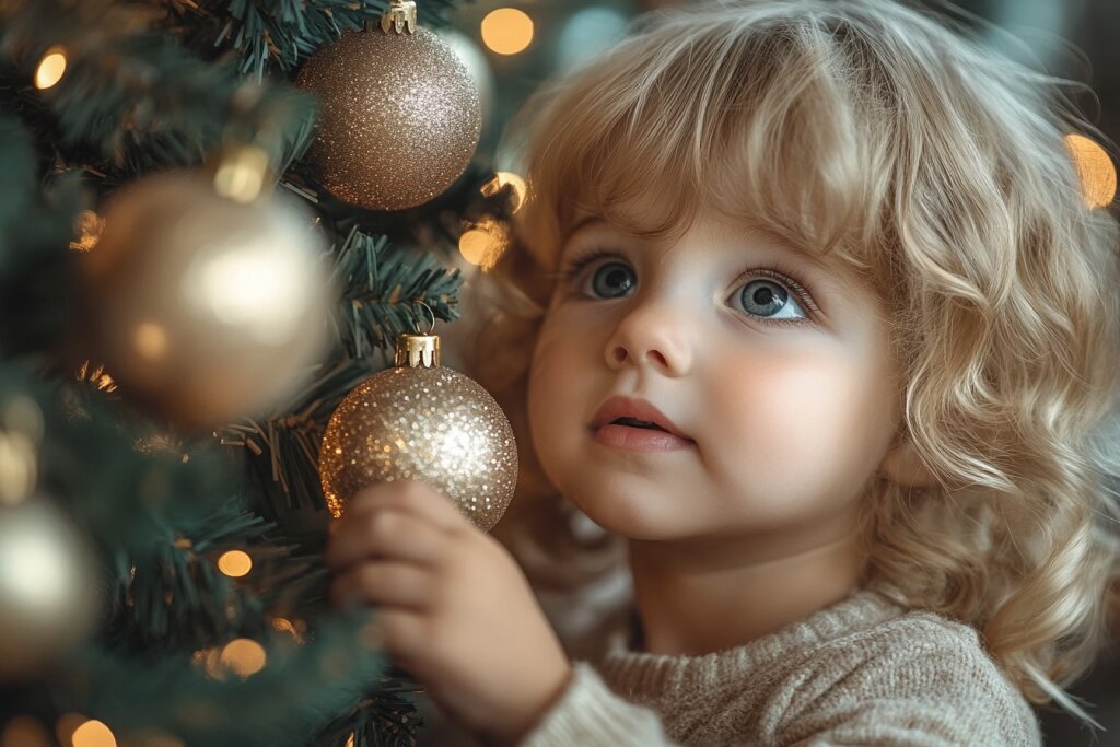 Kind schmückt den Weihnachtsbaum