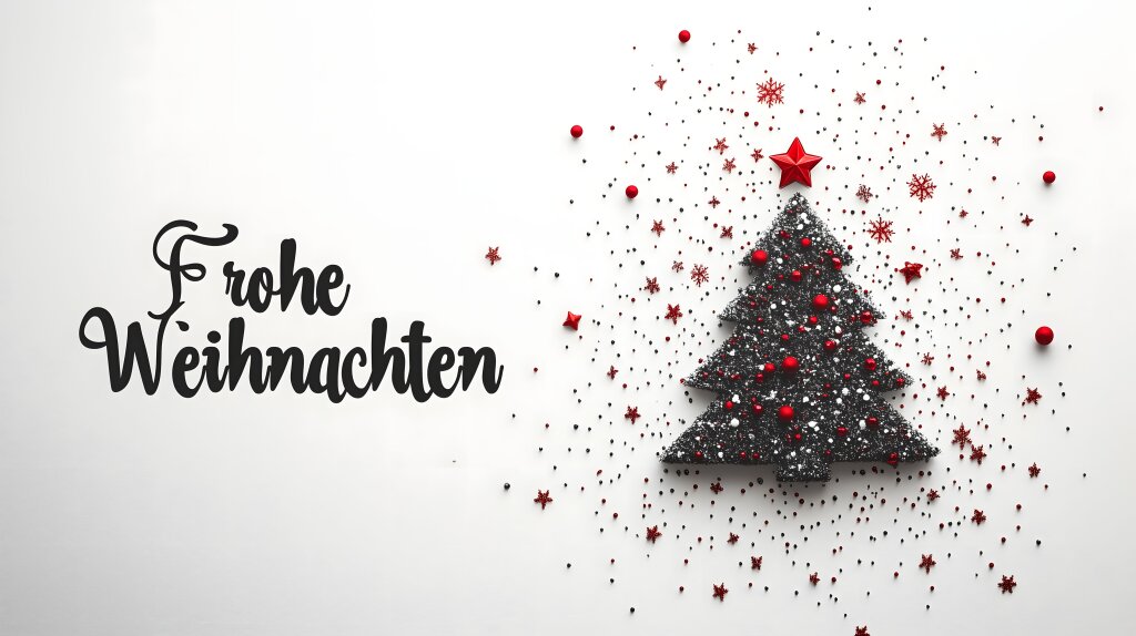 Minimalistisches „Frohe Weihnachten“ Design mit schwarzem Baum