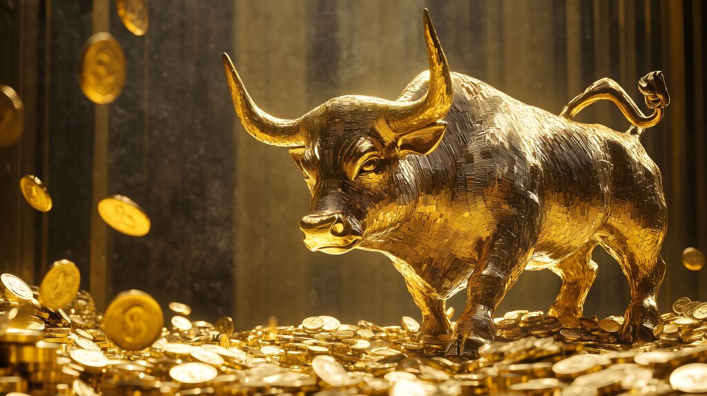 Goldener Stier aus Münzen als Zeichen für einen Bullenmarkt an der Wallstreet