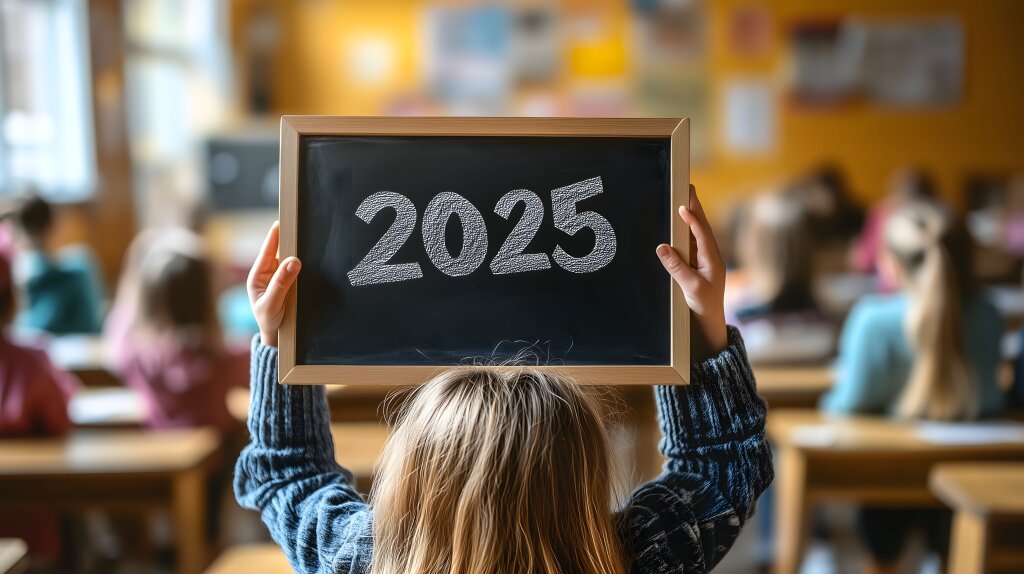 Schulkind mit Tafel beschriftet mit Jahr 2025 im Klassenzimmer