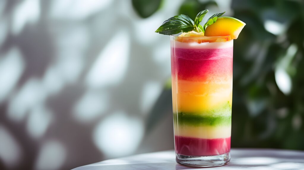 Farbschichtendes gesundes Getränk im Glas mit frischer Dekoration