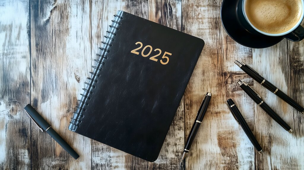 Schwarzes Notizbuch mit 2025 im Fokus auf Holzuntergrund