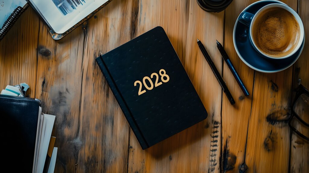Schwarzes Notizbuch 2028 auf Holztisch