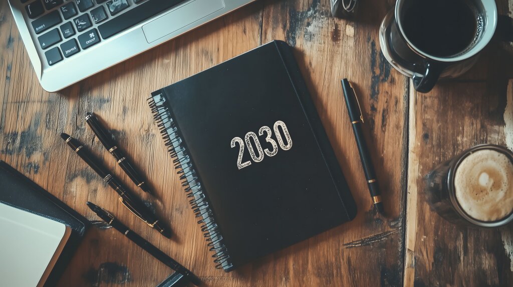 Schwarzes Notizbuch 2030 mit Stiften und Laptop