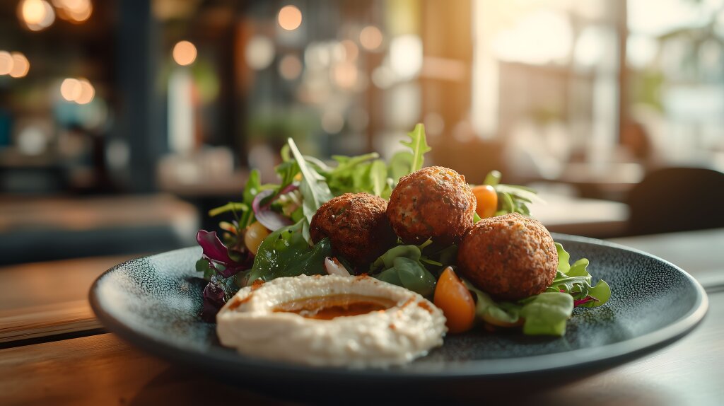 Falafelbällchen mit Salat und Hummus auf einem Teller