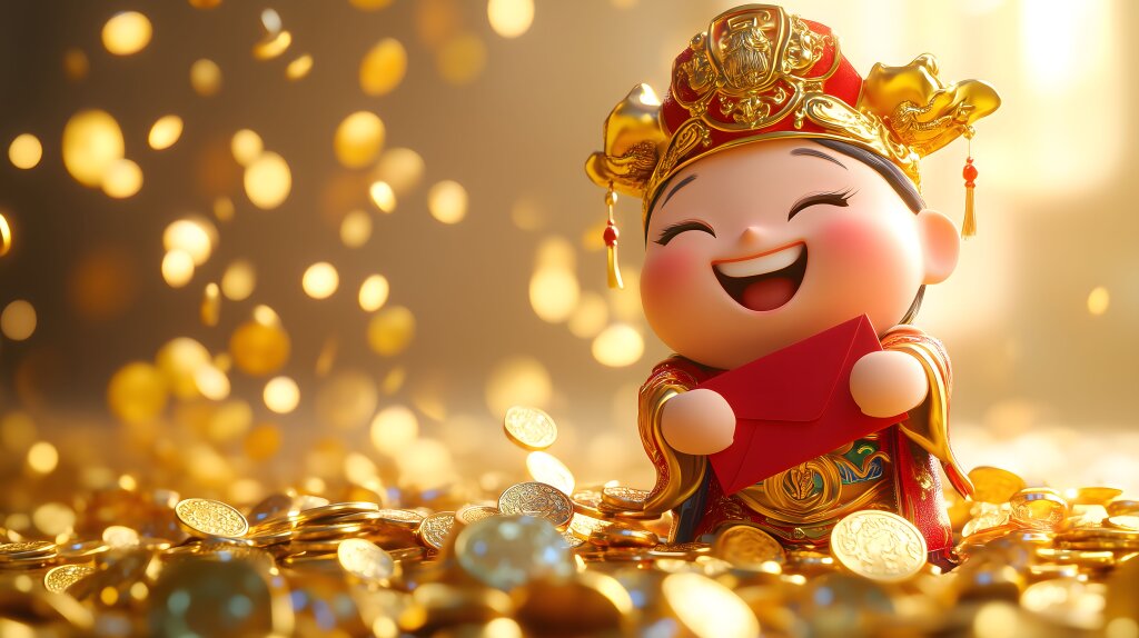 Chinesischer Glücksgott "Gold of Wealth" mit goldenen Münzen und rotem Umschlag