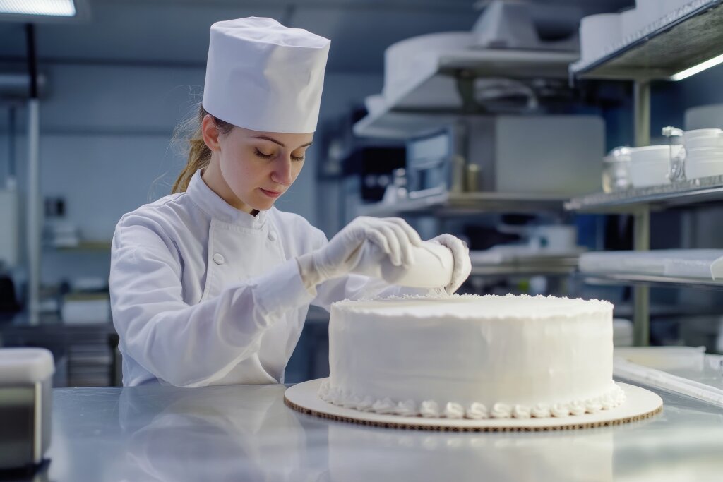 Bäckerin dekoriert eine Torte