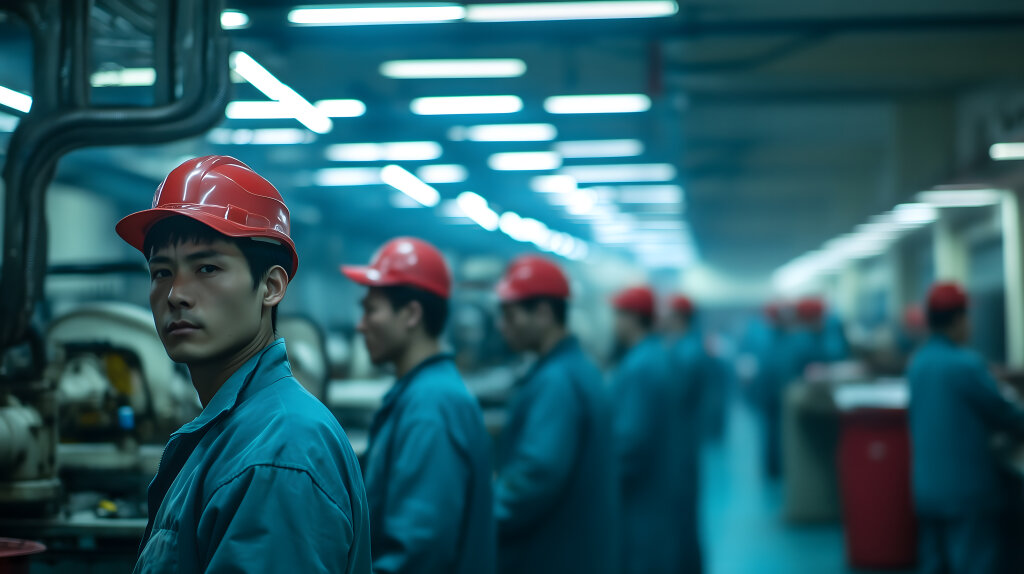 Arbeiter in chinesischer Fabrikhalle mit roten Helmen